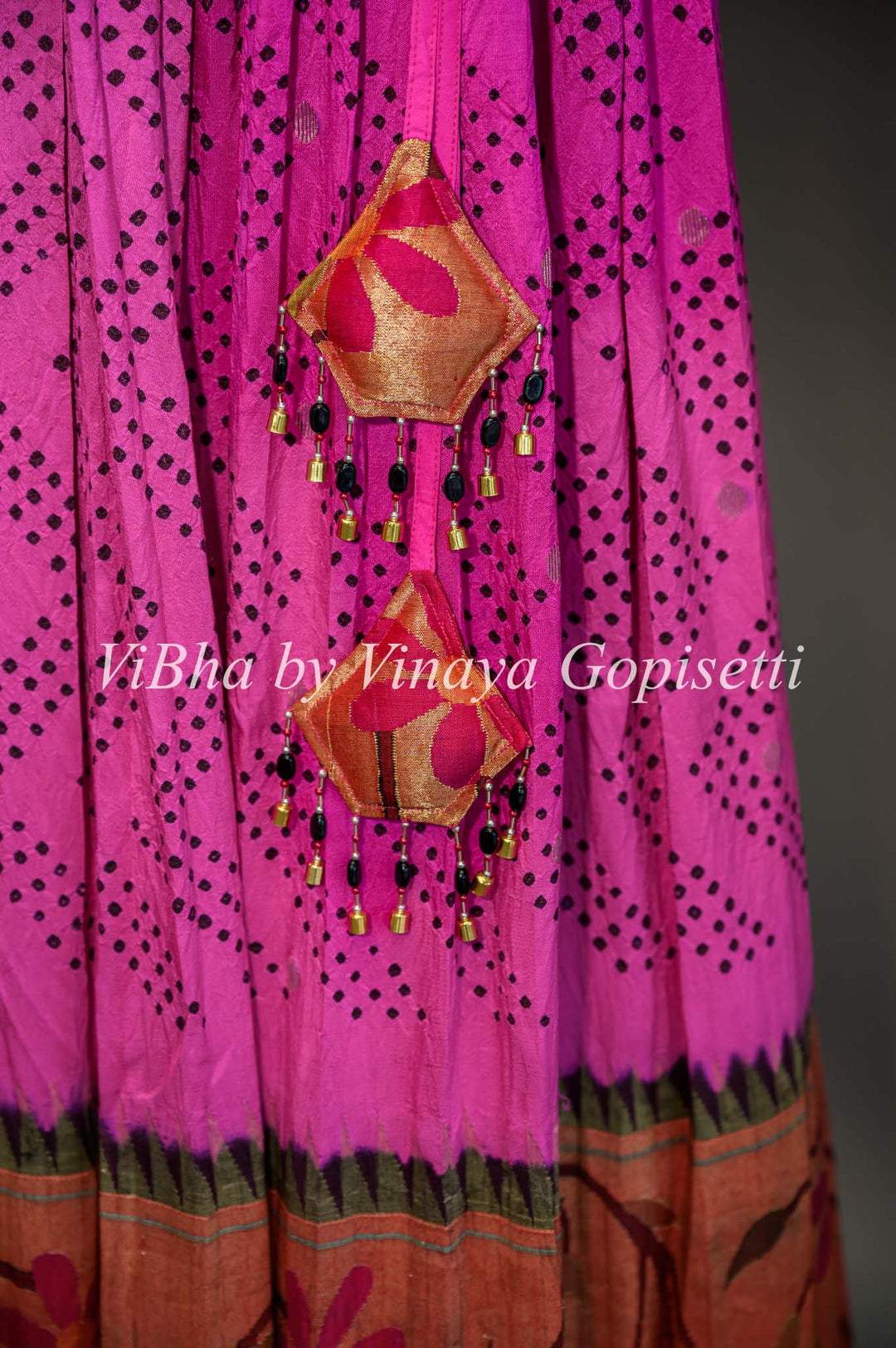 Hot Pink and Red Bandhani Paithani Silk Lehenga With Embroidered Borders And Red Paithani Silk Dupatta