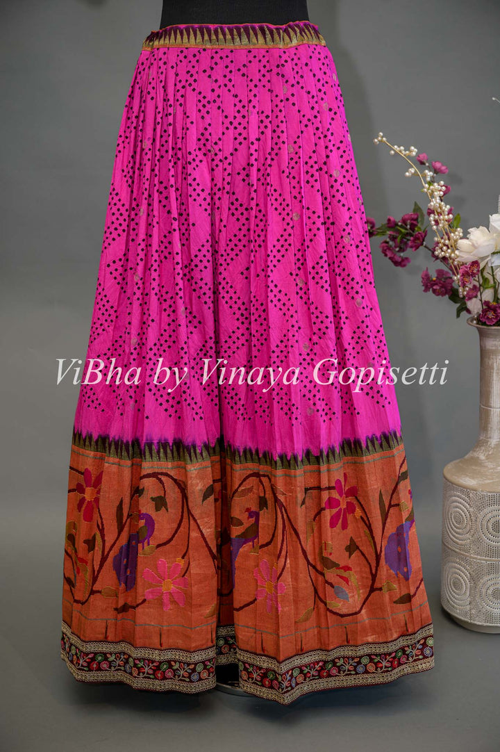 Hot Pink and Red Bandhani Paithani Silk Lehenga With Embroidered Borders And Red Paithani Silk Dupatta