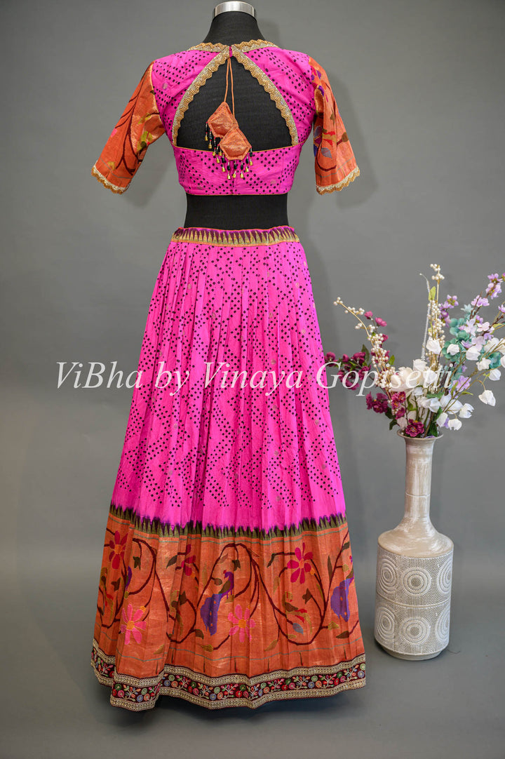 Hot Pink and Red Bandhani Paithani Silk Lehenga With Embroidered Borders And Red Paithani Silk Dupatta