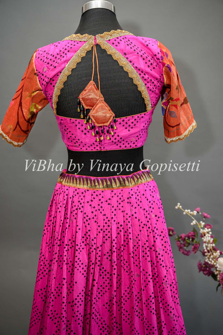 Hot Pink and Red Bandhani Paithani Silk Lehenga With Embroidered Borders And Red Paithani Silk Dupatta