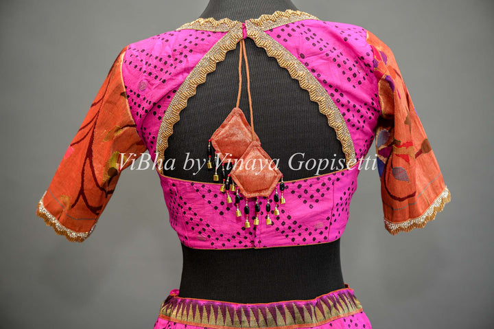 Hot Pink and Red Bandhani Paithani Silk Lehenga With Embroidered Borders And Red Paithani Silk Dupatta