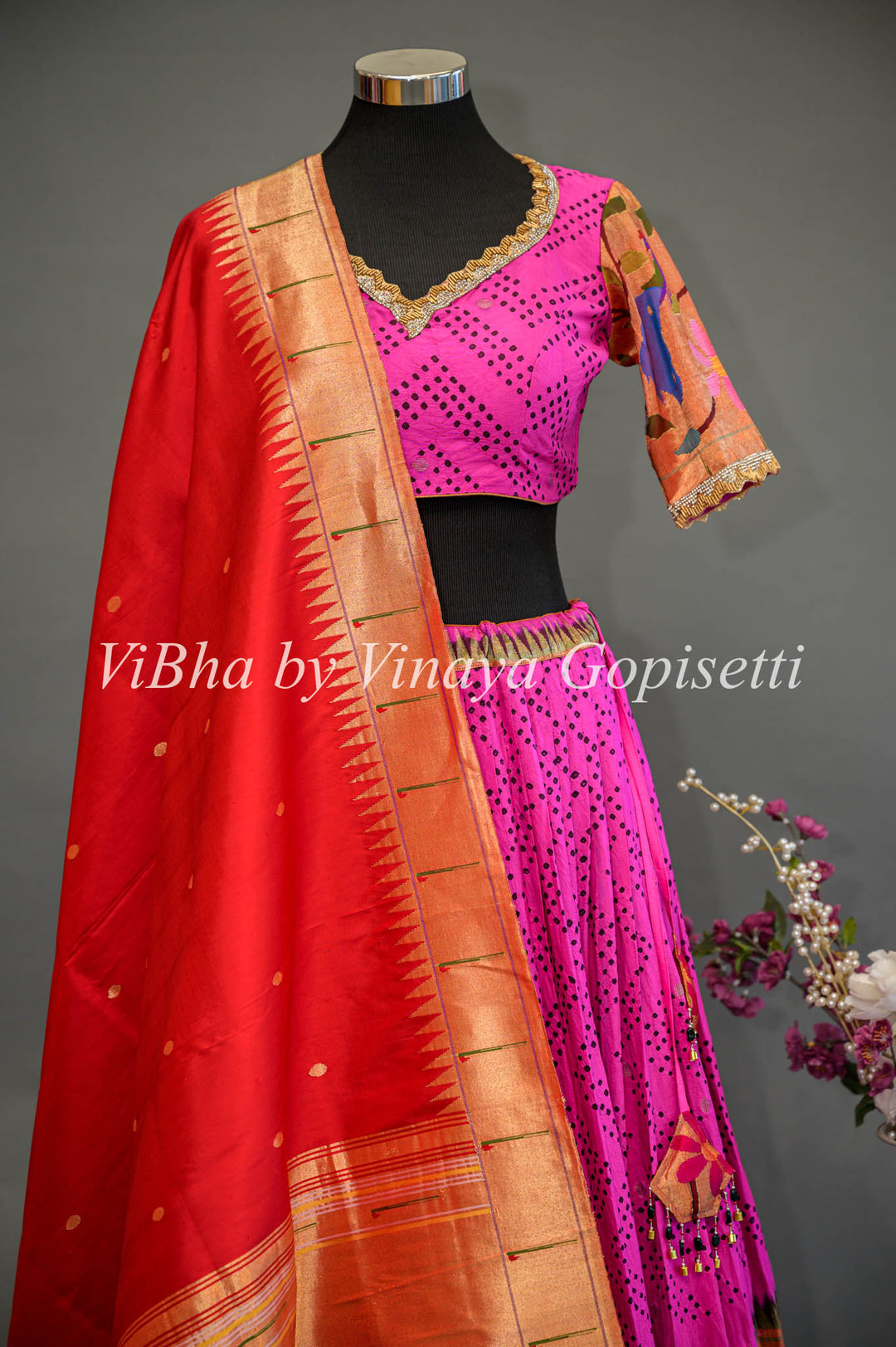 Hot Pink and Red Bandhani Paithani Silk Lehenga With Embroidered Borders And Red Paithani Silk Dupatta