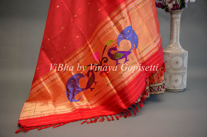 Hot Pink and Red Bandhani Paithani Silk Lehenga With Embroidered Borders And Red Paithani Silk Dupatta