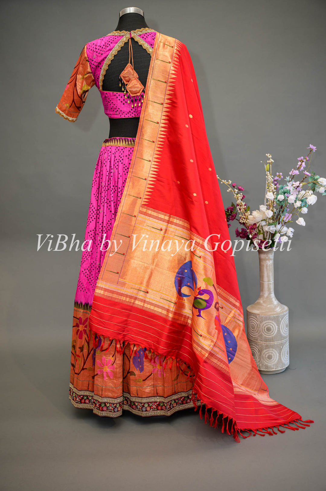 Hot Pink and Red Bandhani Paithani Silk Lehenga With Embroidered Borders And Red Paithani Silk Dupatta