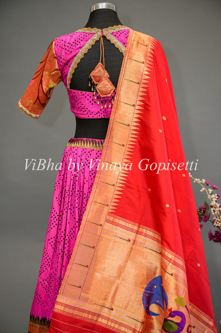 Hot Pink and Red Bandhani Paithani Silk Lehenga With Embroidered Borders And Red Paithani Silk Dupatta