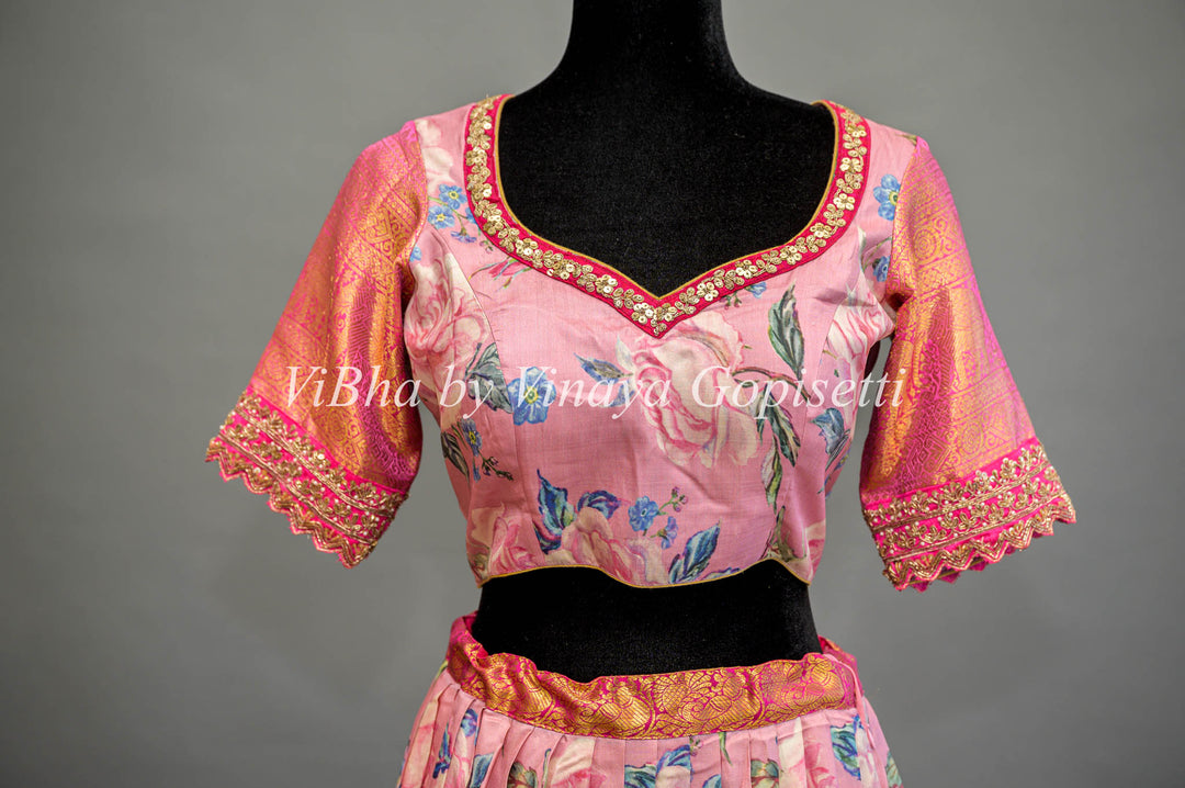 Light and Dark Pink Floral Kanchi Silk Lehenga With Embroidered Borders And Pink Embroidered Dupatta