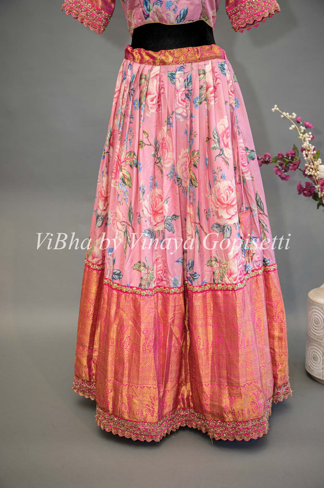 Light and Dark Pink Floral Kanchi Silk Lehenga With Embroidered Borders And Pink Embroidered Dupatta