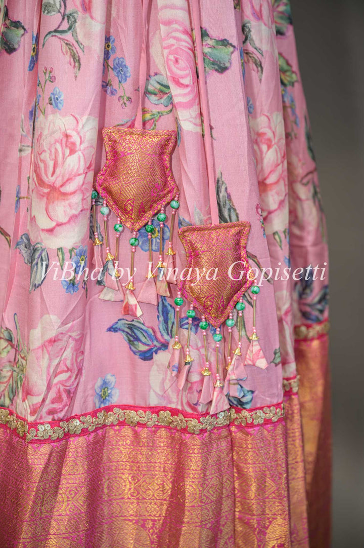 Light and Dark Pink Floral Kanchi Silk Lehenga With Embroidered Borders And Pink Embroidered Dupatta