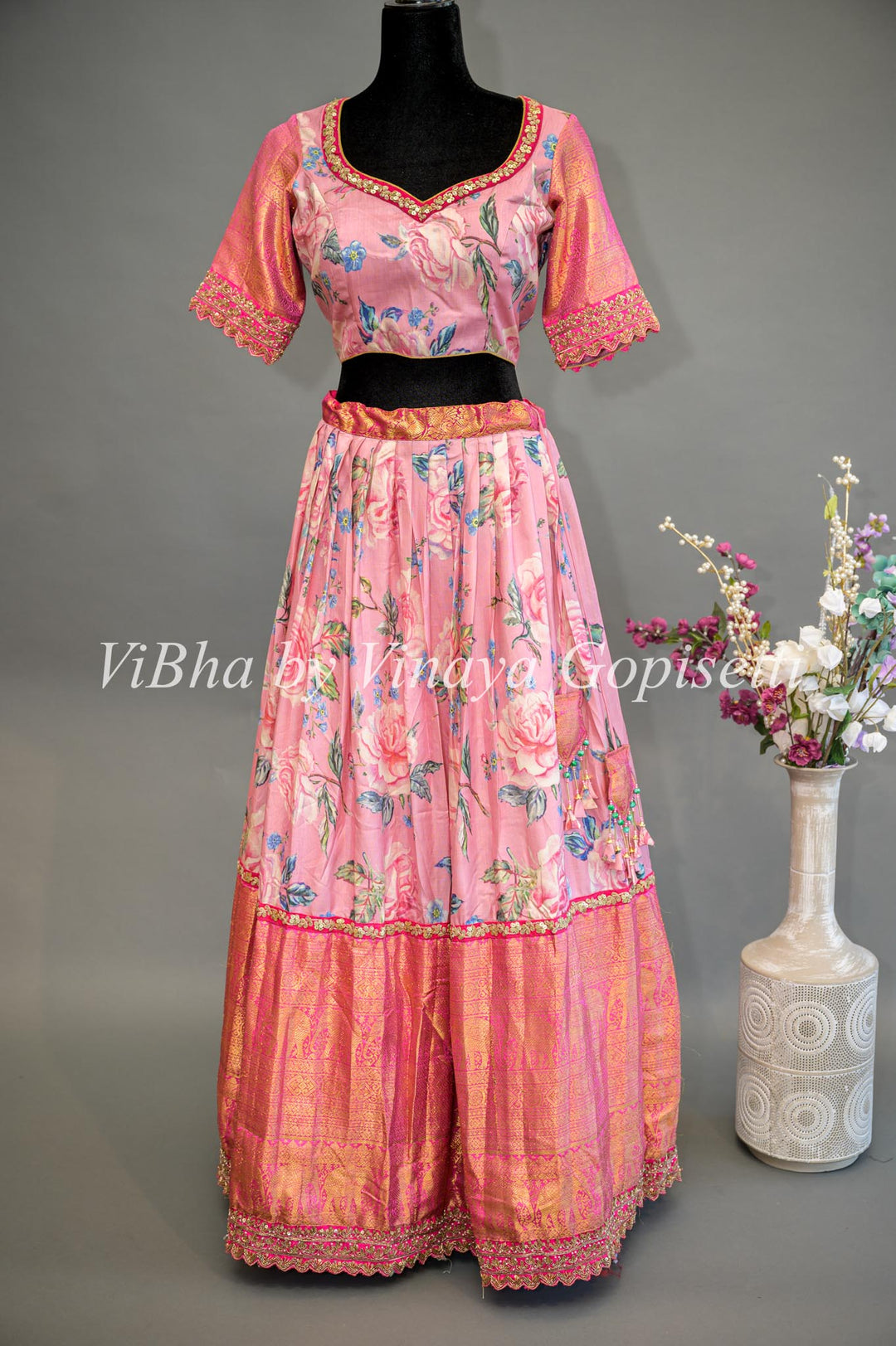 Light and Dark Pink Floral Kanchi Silk Lehenga With Embroidered Borders And Pink Embroidered Dupatta