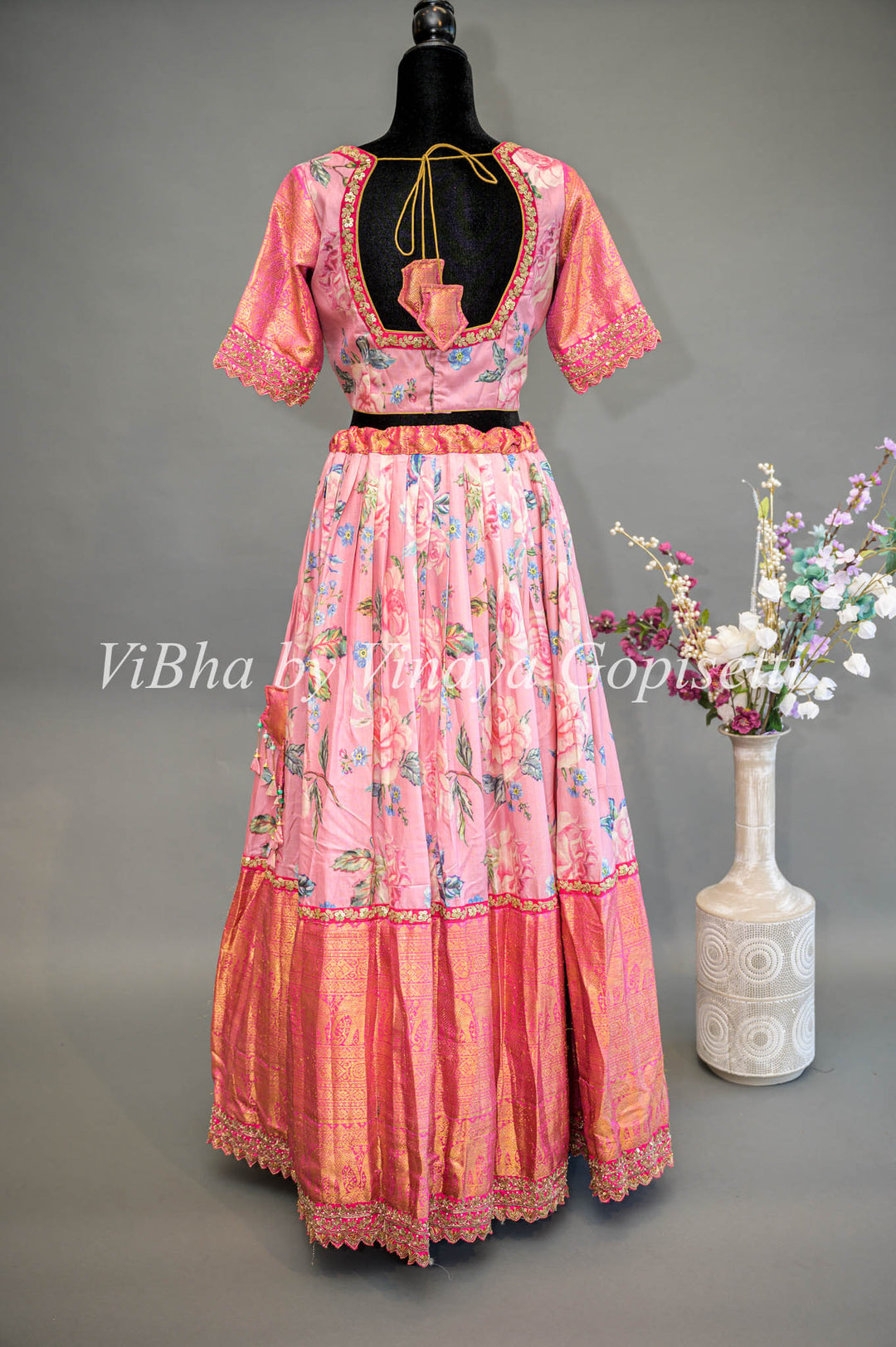 Light and Dark Pink Floral Kanchi Silk Lehenga With Embroidered Borders And Pink Embroidered Dupatta