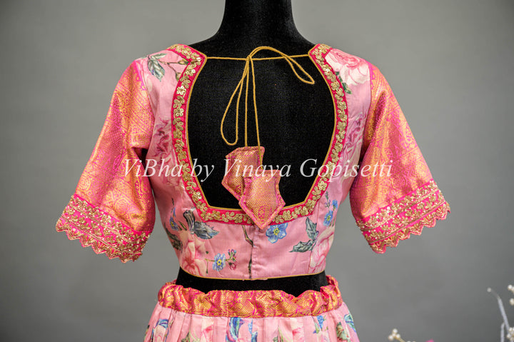 Light and Dark Pink Floral Kanchi Silk Lehenga With Embroidered Borders And Pink Embroidered Dupatta