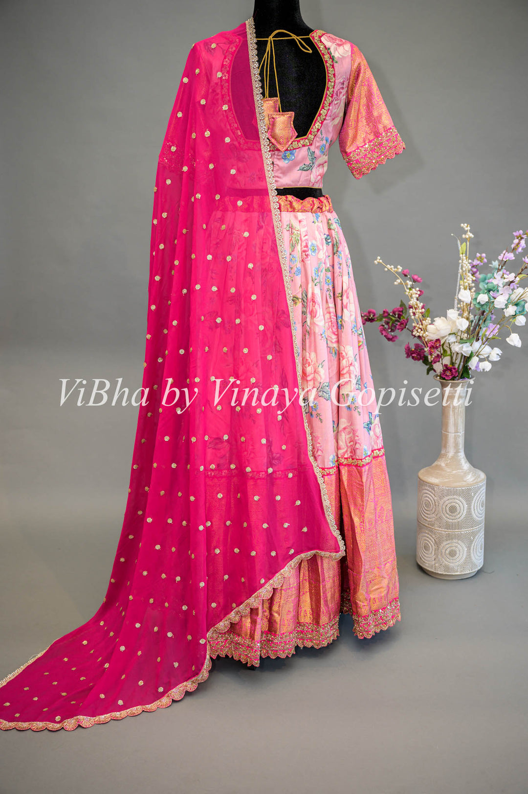 Light and Dark Pink Floral Kanchi Silk Lehenga With Embroidered Borders And Pink Embroidered Dupatta