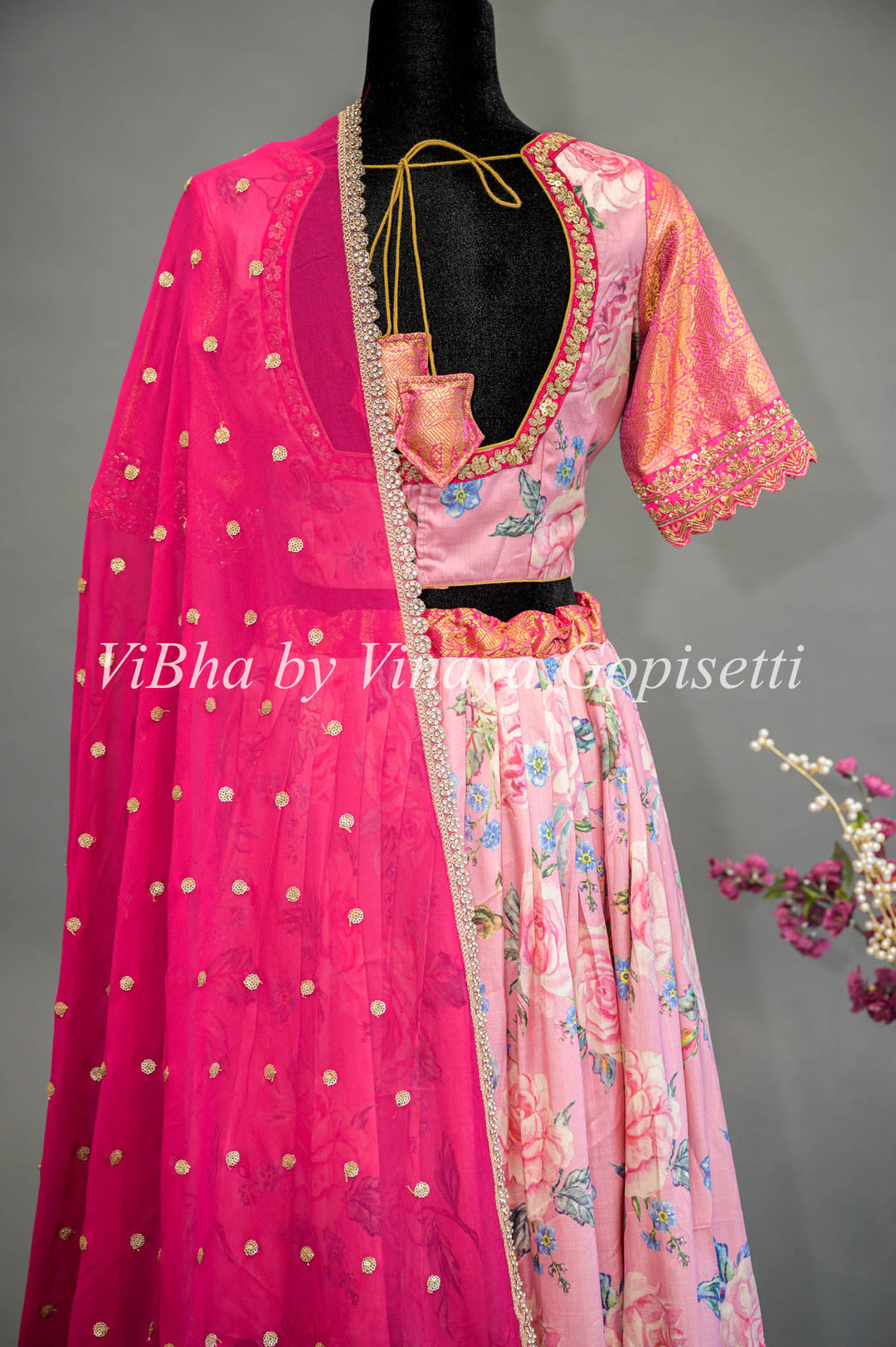 Light and Dark Pink Floral Kanchi Silk Lehenga With Embroidered Borders And Pink Embroidered Dupatta