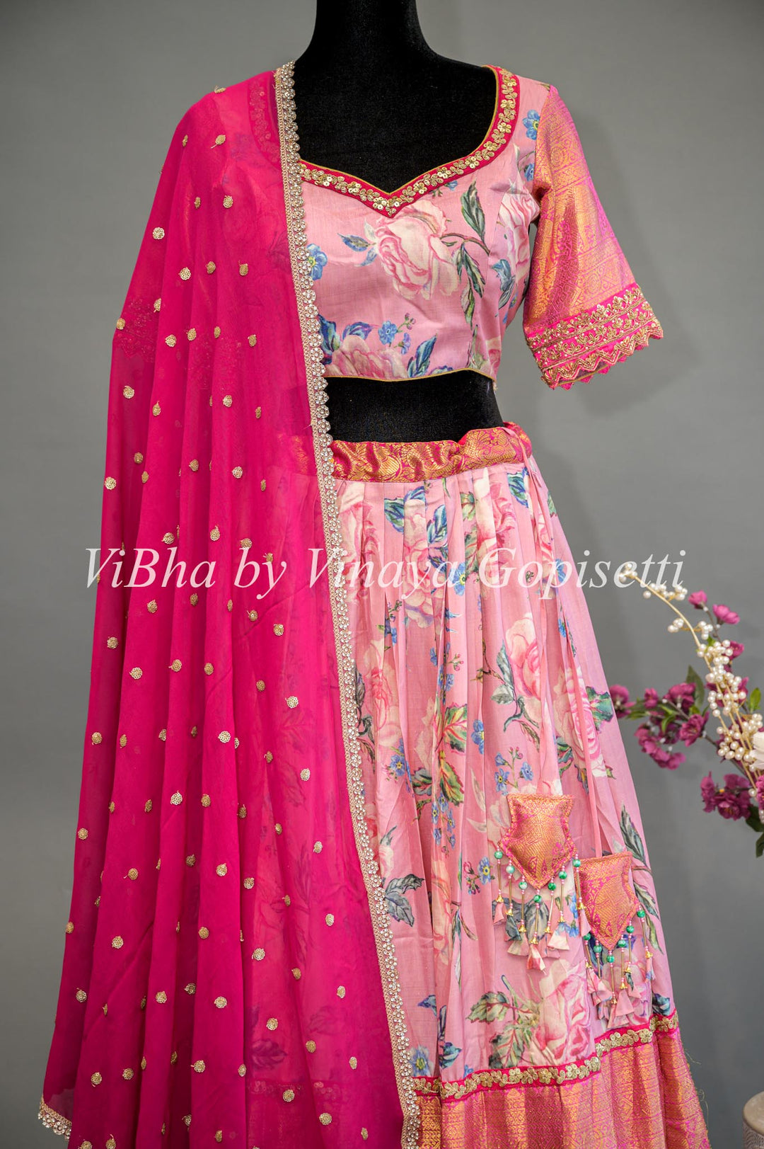 Light and Dark Pink Floral Kanchi Silk Lehenga With Embroidered Borders And Pink Embroidered Dupatta