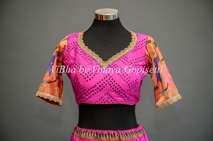 Hot Pink and Red Bandhani Paithani Silk Lehenga With Embroidered Borders And Red Paithani Silk Dupatta