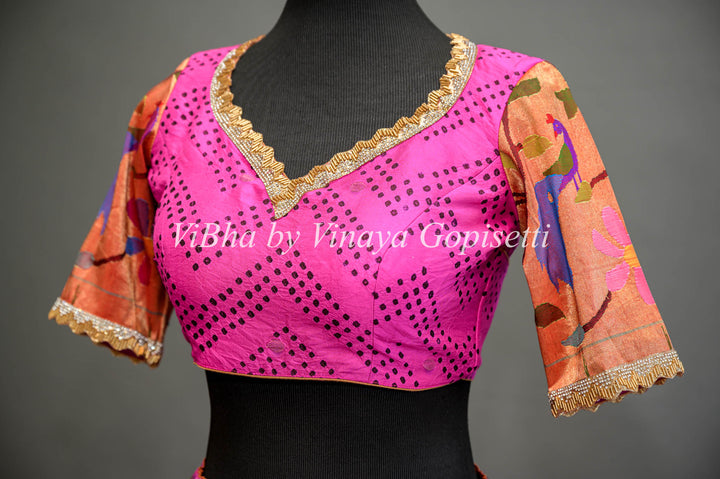 Hot Pink and Red Bandhani Paithani Silk Lehenga With Embroidered Borders And Red Paithani Silk Dupatta