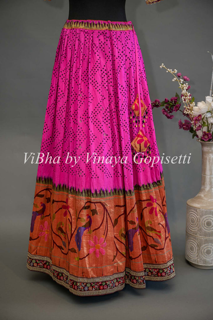 Hot Pink and Red Bandhani Paithani Silk Lehenga With Embroidered Borders And Red Paithani Silk Dupatta