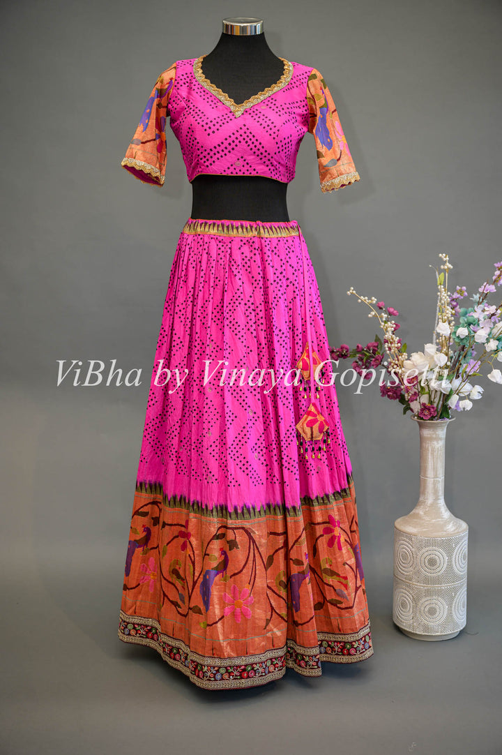 Hot Pink and Red Bandhani Paithani Silk Lehenga With Embroidered Borders And Red Paithani Silk Dupatta