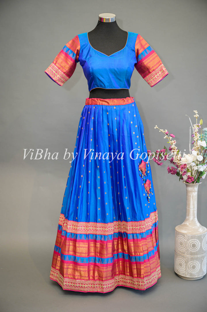 Royal Blue and Pink Gadwal Silk Lehenga with Embroidered Borders And Rani Pink Embroidered Dupatta