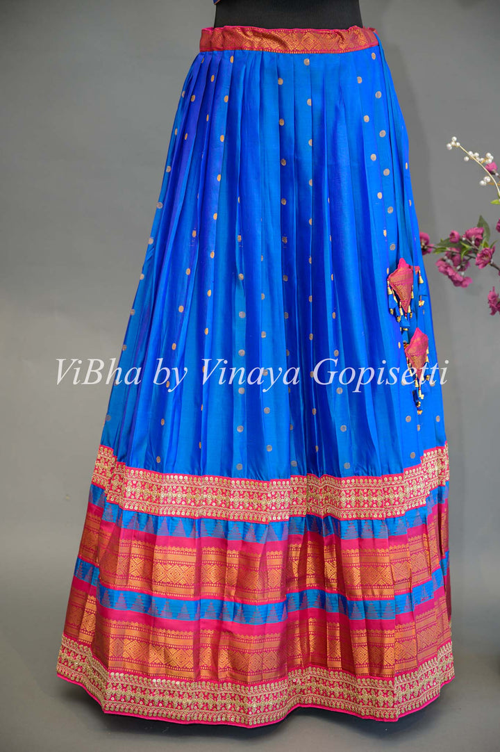 Royal Blue and Pink Gadwal Silk Lehenga with Embroidered Borders And Rani Pink Embroidered Dupatta