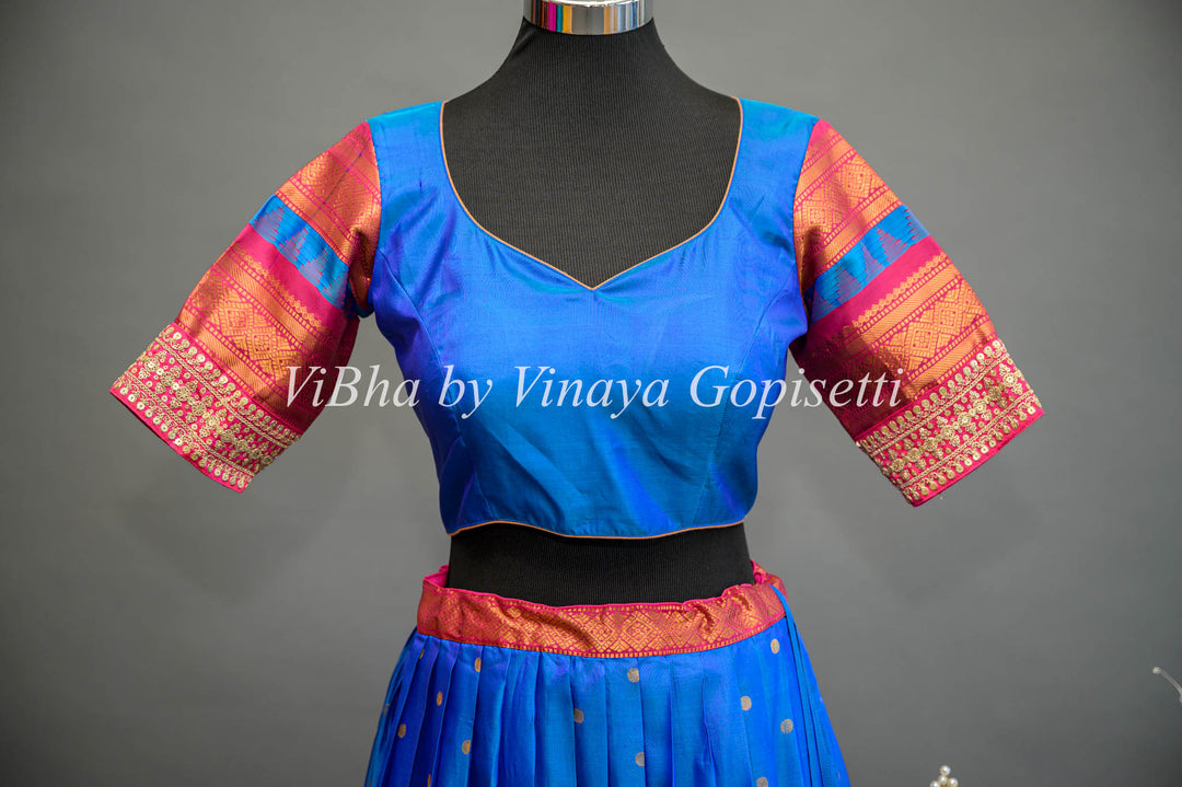 Royal Blue and Pink Gadwal Silk Lehenga with Embroidered Borders And Rani Pink Embroidered Dupatta