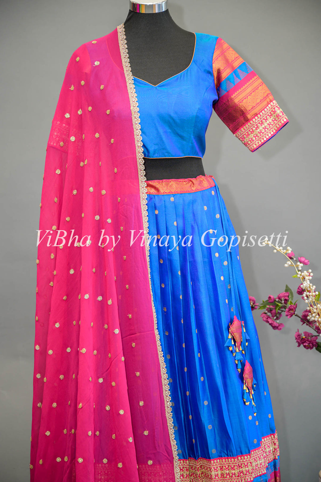 Royal Blue and Pink Gadwal Silk Lehenga with Embroidered Borders And Rani Pink Embroidered Dupatta