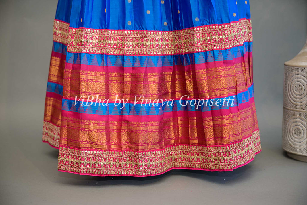 Royal Blue and Pink Gadwal Silk Lehenga with Embroidered Borders And Rani Pink Embroidered Dupatta