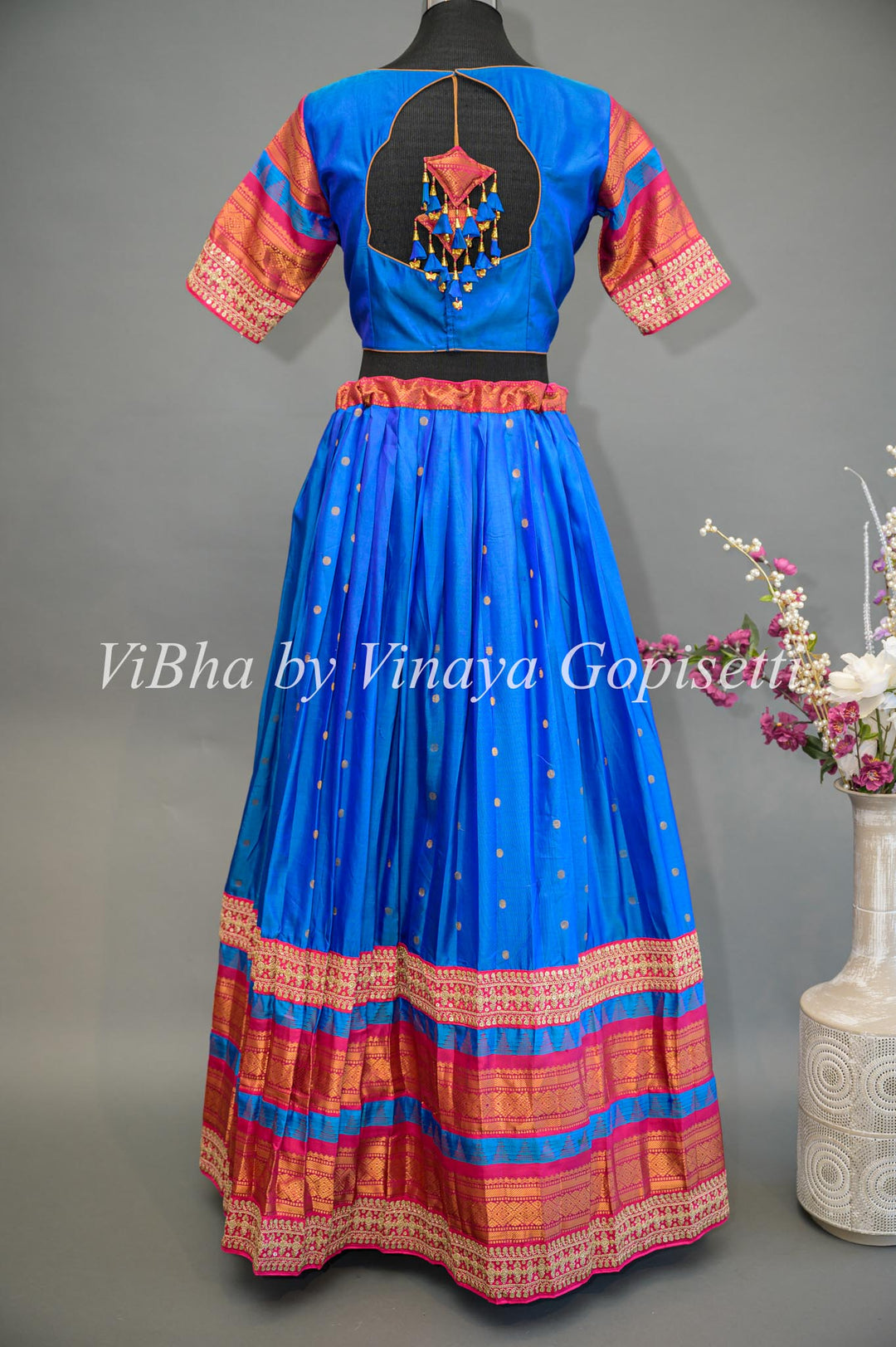 Royal Blue and Pink Gadwal Silk Lehenga with Embroidered Borders And Rani Pink Embroidered Dupatta