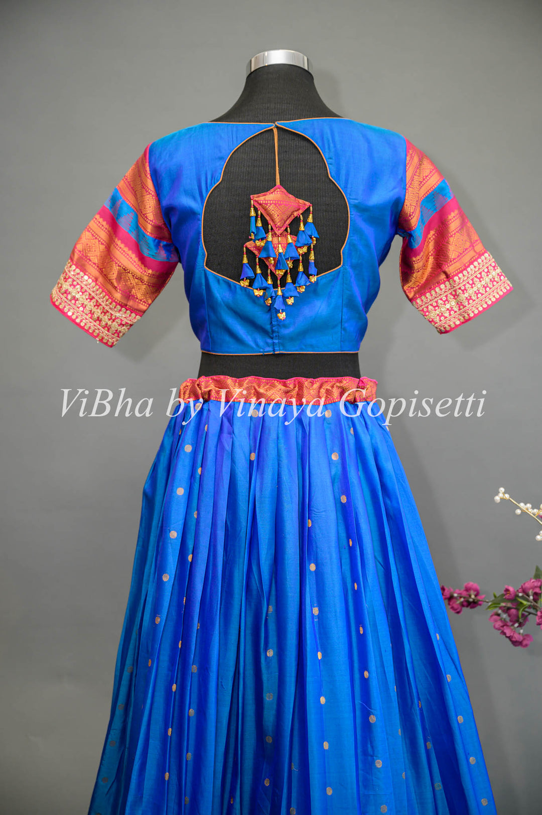 Royal Blue and Pink Gadwal Silk Lehenga with Embroidered Borders And Rani Pink Embroidered Dupatta