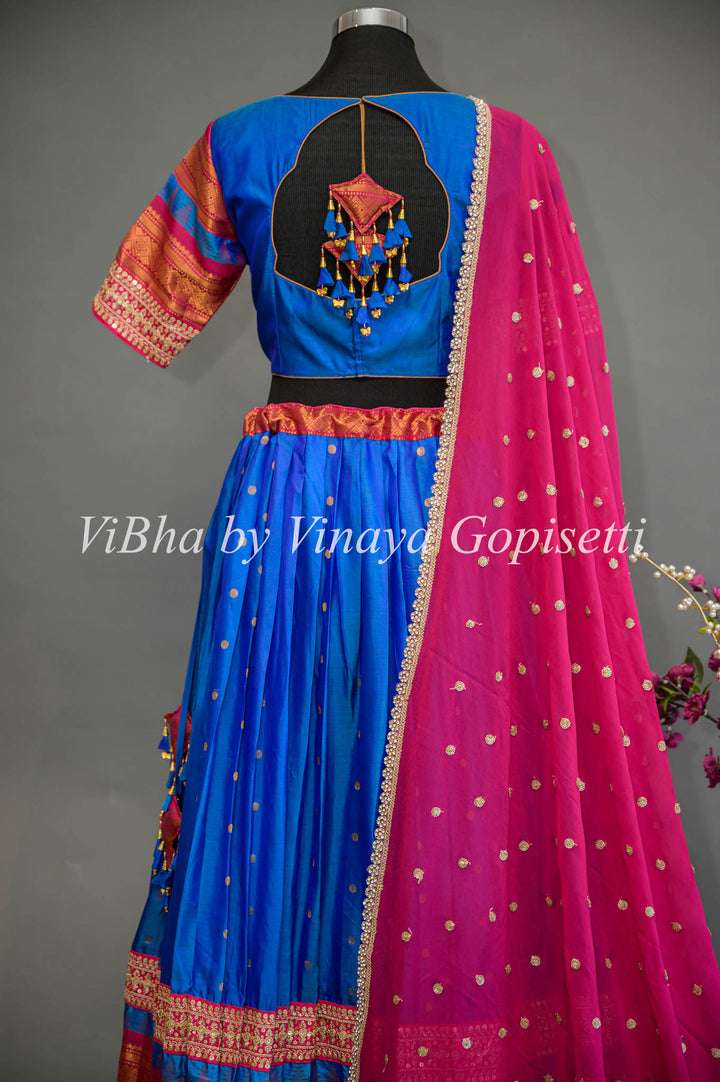 Royal Blue and Pink Gadwal Silk Lehenga with Embroidered Borders And Rani Pink Embroidered Dupatta