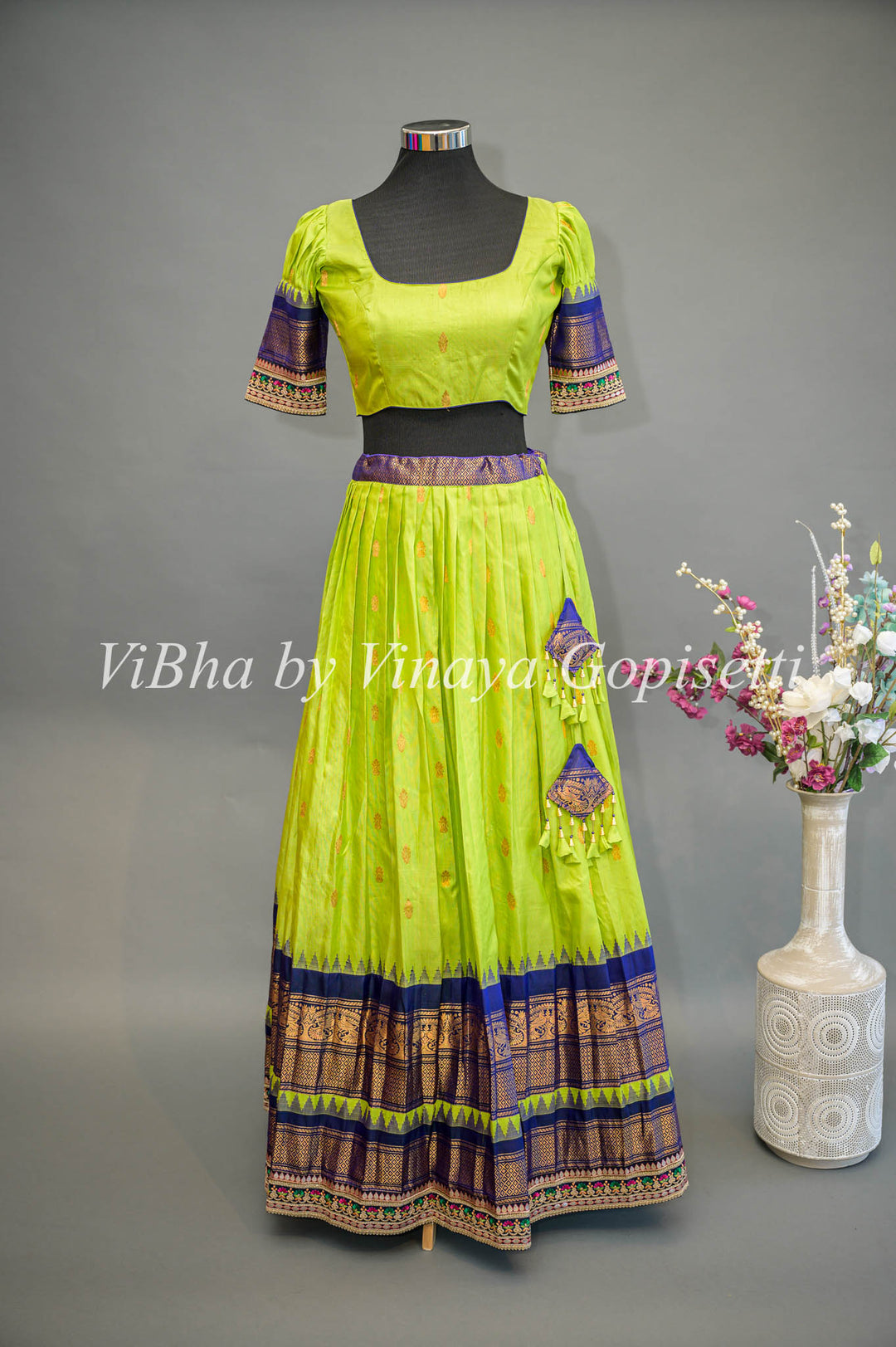 Green and Navy Blue Gadwal Silk Lehenga with Embroidered Borders and Dupatta