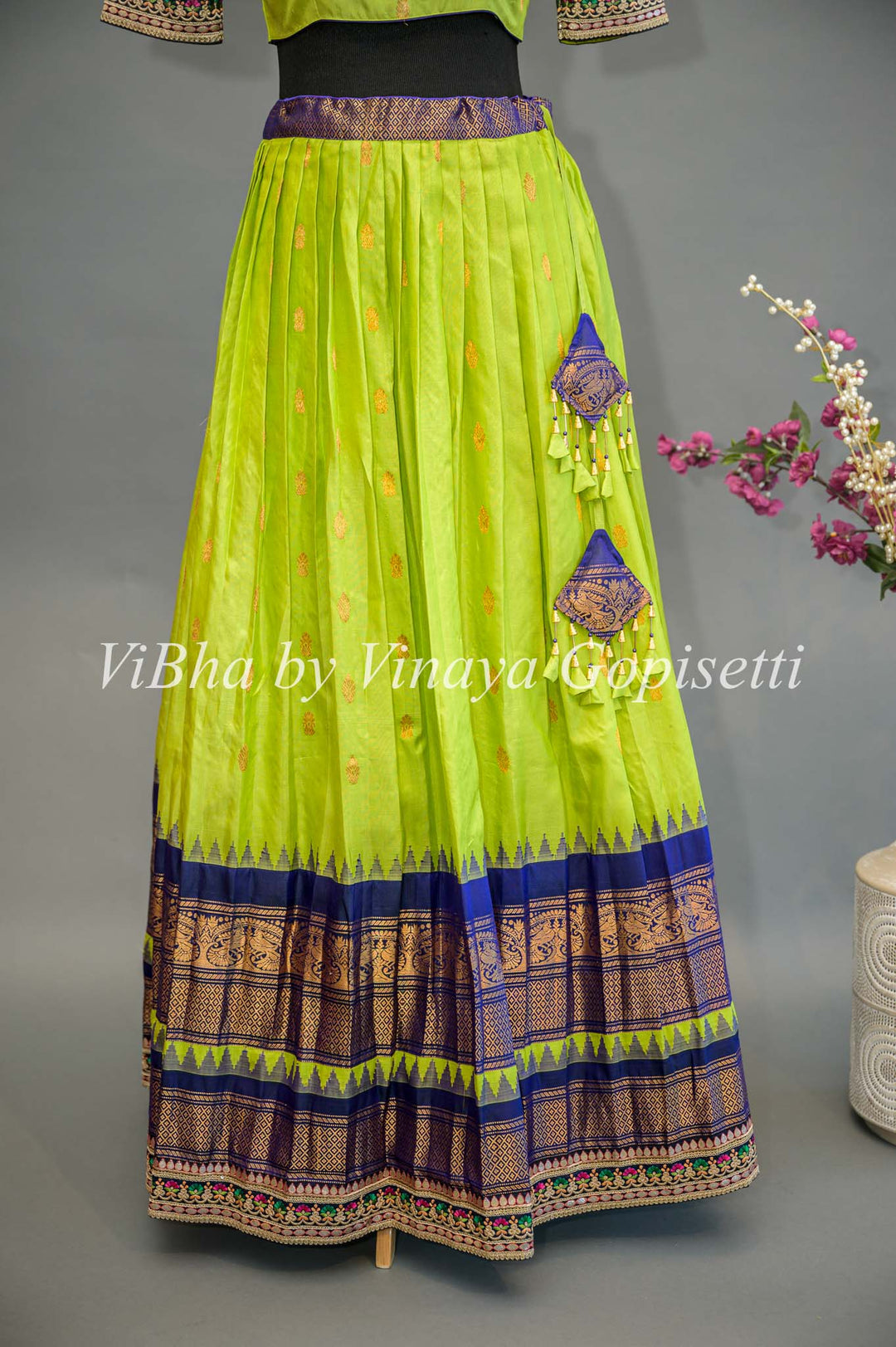 Green and Navy Blue Gadwal Silk Lehenga with Embroidered Borders and Dupatta