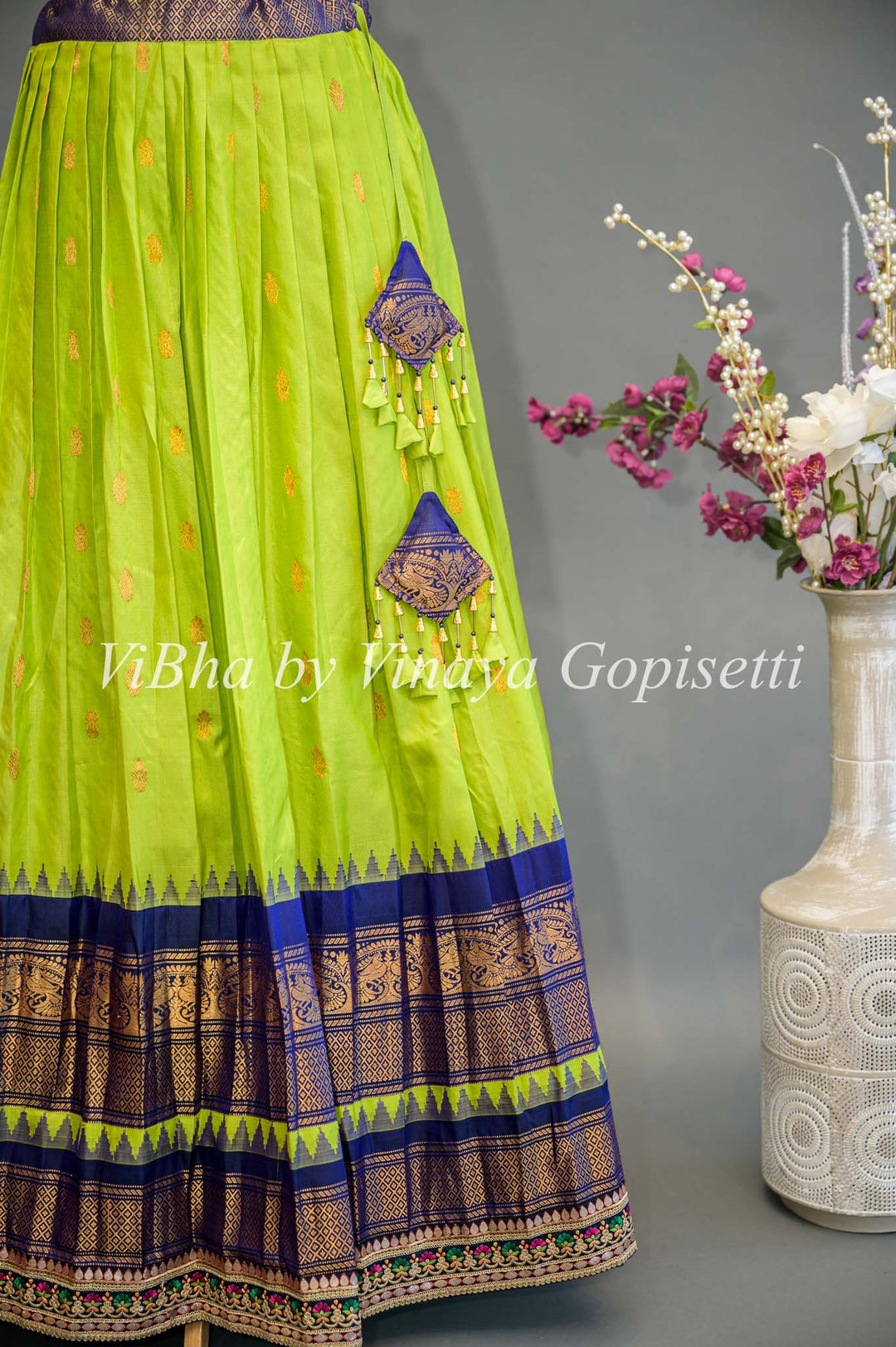 Green and Navy Blue Gadwal Silk Lehenga with Embroidered Borders and Dupatta