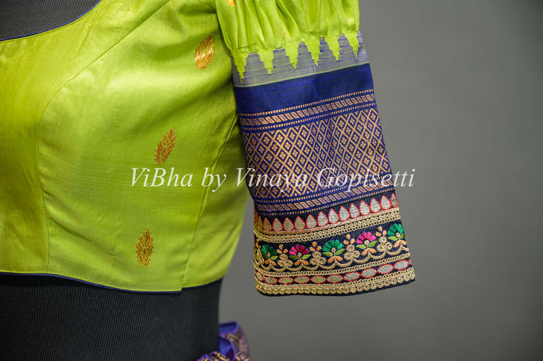 Green and Navy Blue Gadwal Silk Lehenga with Embroidered Borders and Dupatta