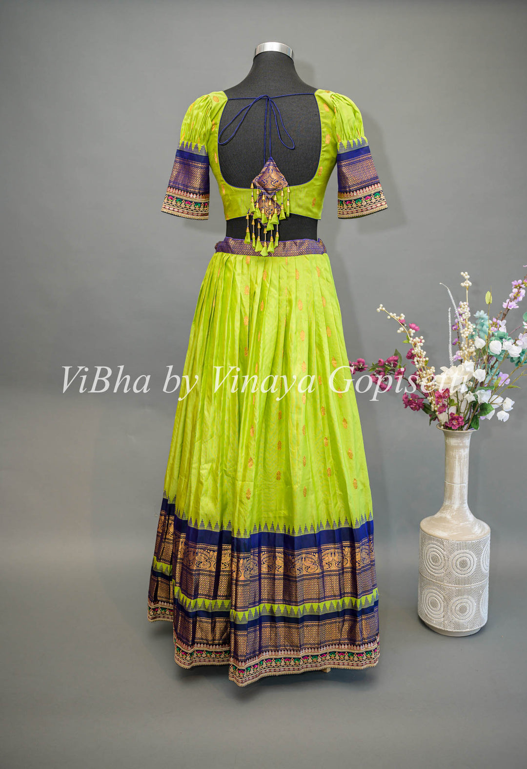 Green and Navy Blue Gadwal Silk Lehenga with Embroidered Borders and Dupatta