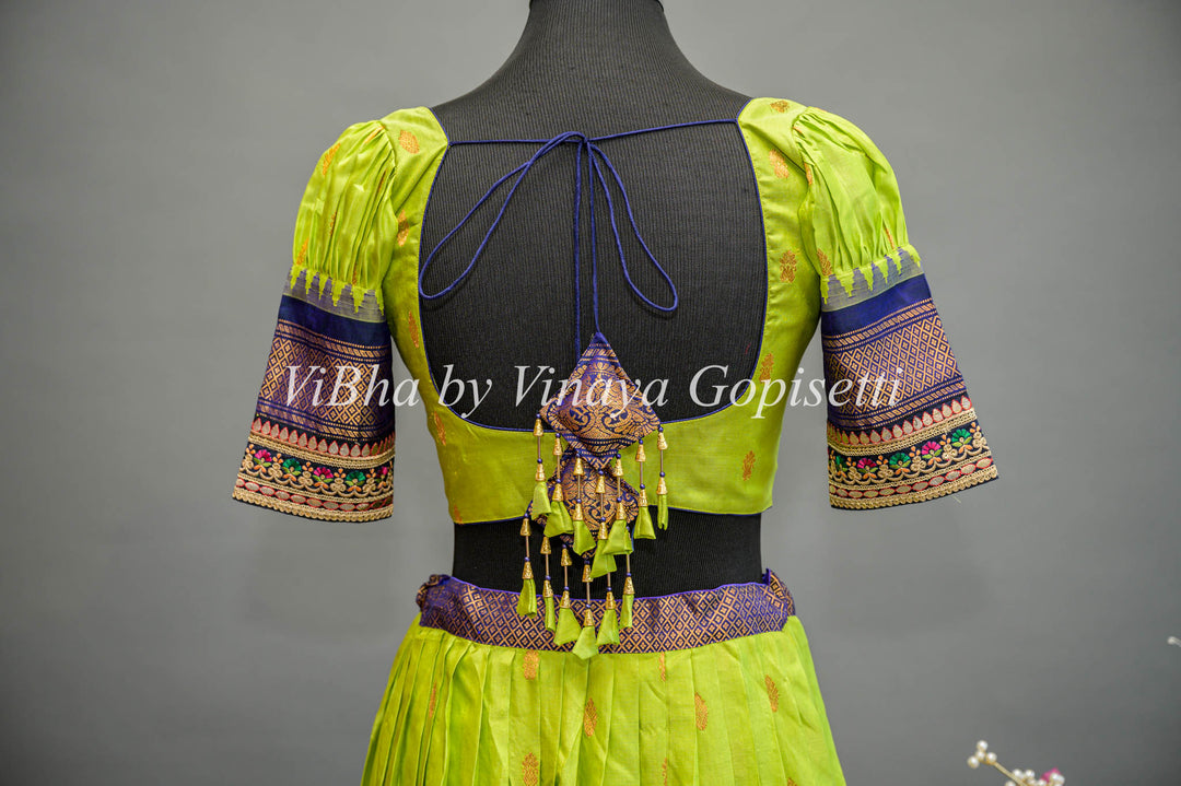 Green and Navy Blue Gadwal Silk Lehenga with Embroidered Borders and Dupatta