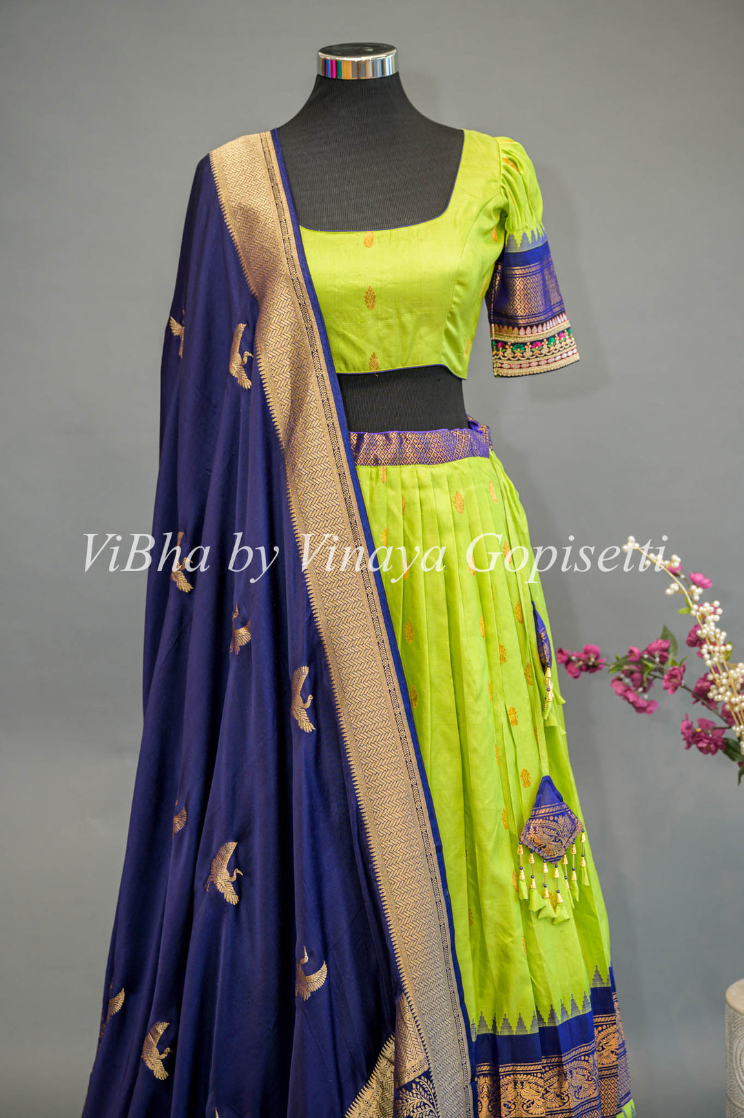 Green and Navy Blue Gadwal Silk Lehenga with Embroidered Borders and Dupatta