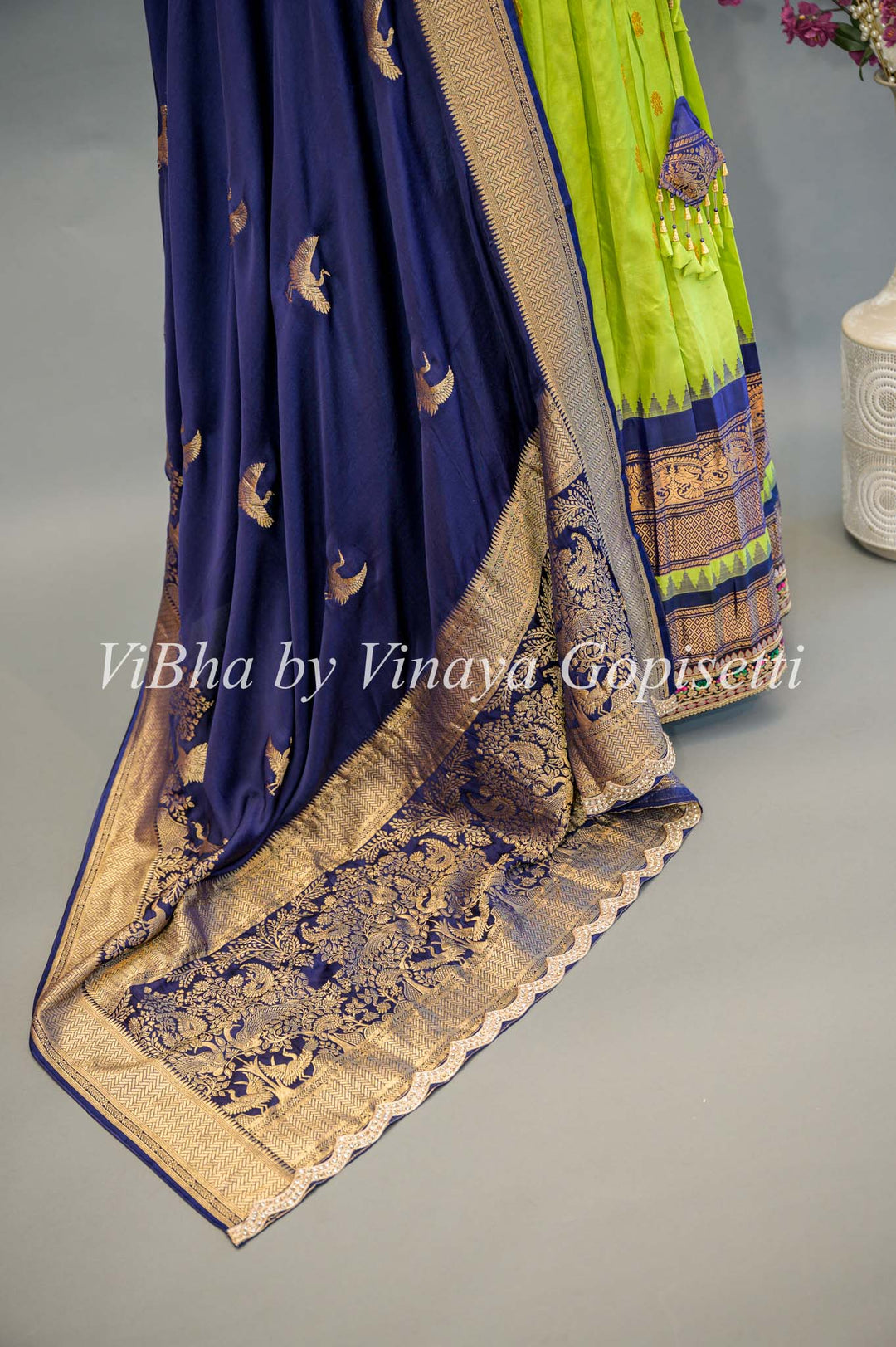 Green and Navy Blue Gadwal Silk Lehenga with Embroidered Borders and Dupatta