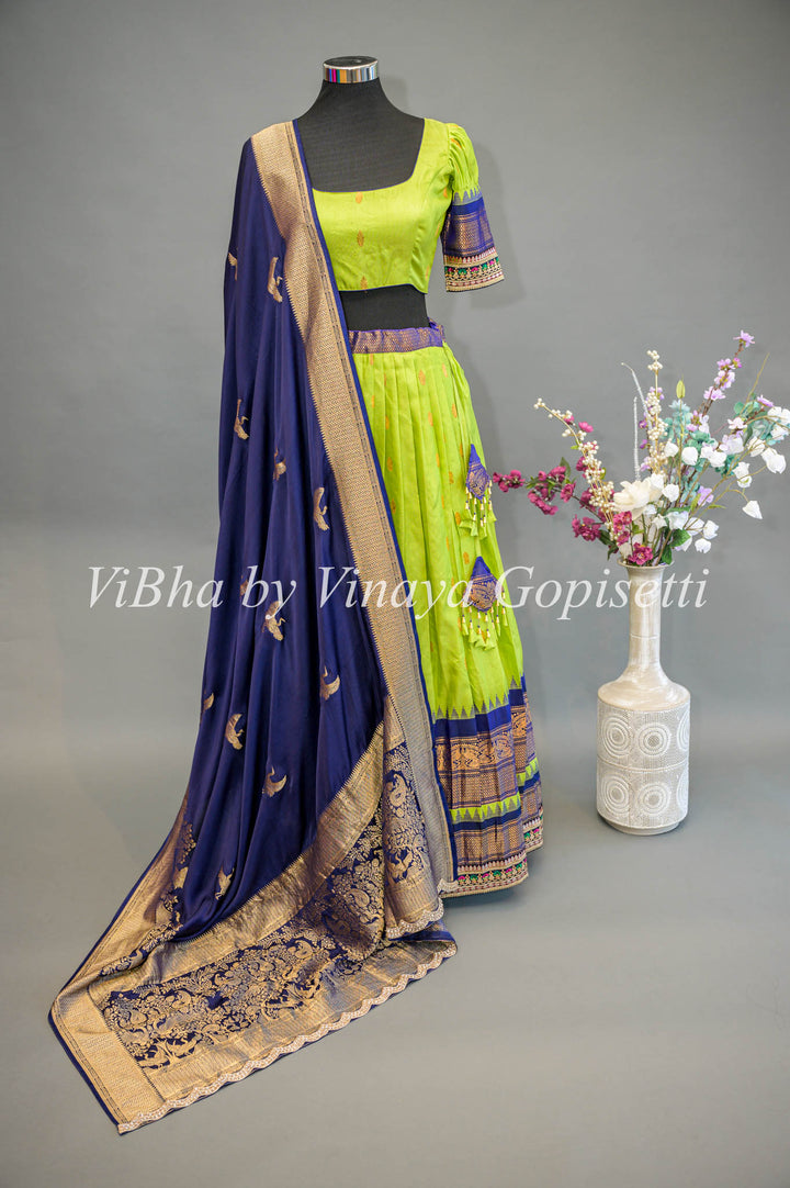 Green and Navy Blue Gadwal Silk Lehenga with Embroidered Borders and Dupatta