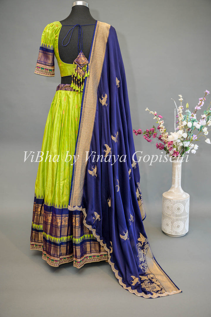 Green and Navy Blue Gadwal Silk Lehenga with Embroidered Borders and Dupatta