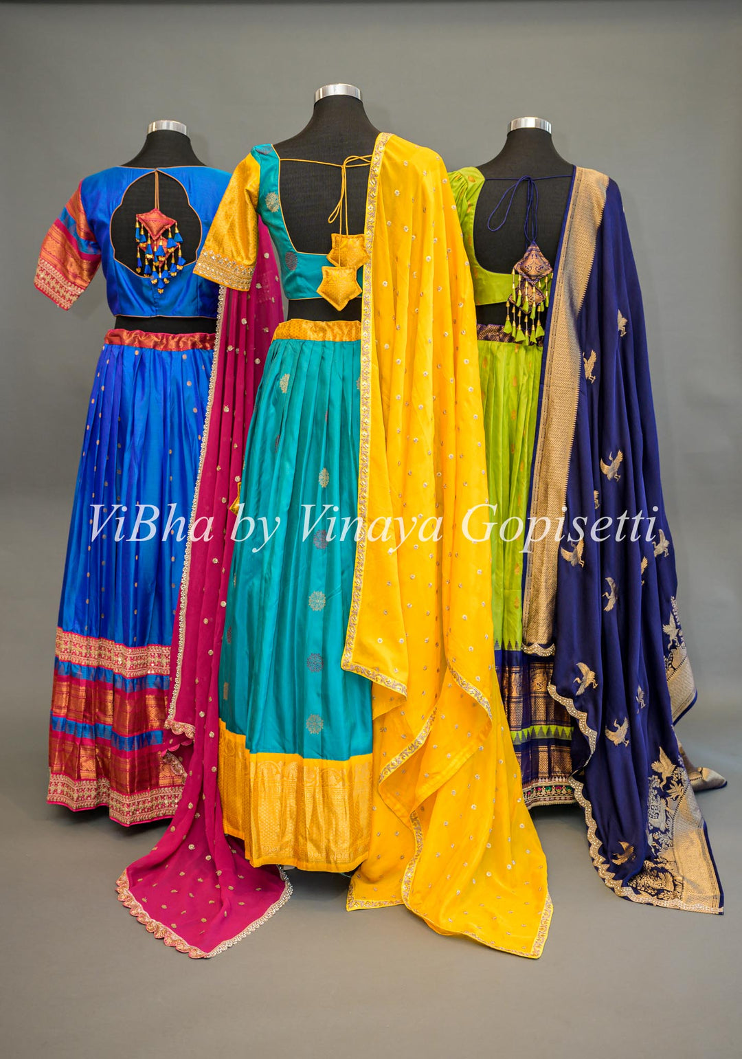 Teal Blue and Yellow Gadwal Silk Lehenga With Embroidered Borders And Yellow Embroidered Dupatta