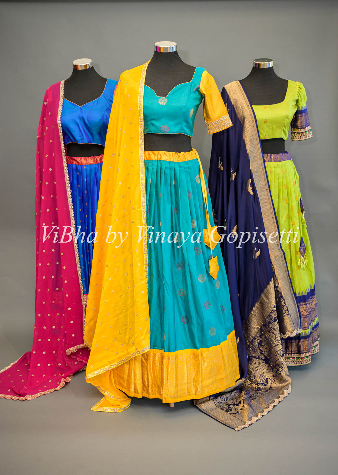 Teal Blue and Yellow Gadwal Silk Lehenga With Embroidered Borders And Yellow Embroidered Dupatta