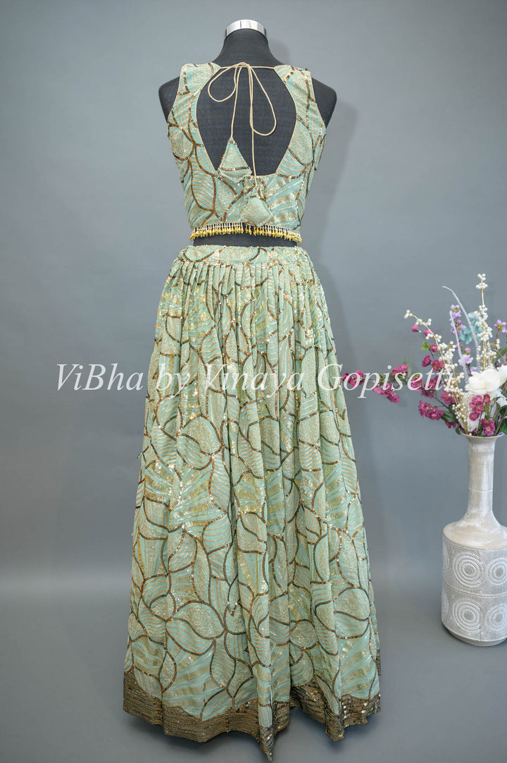 Mint Sequins Lehenga with sleeveless blouse and frilled dupatta