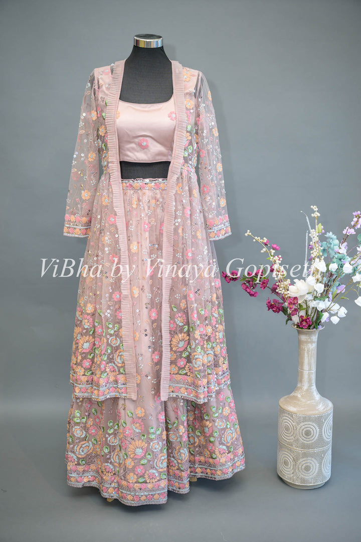 Pastel Pink Net Hand Embroidered Lehenga With Detachable Jacket