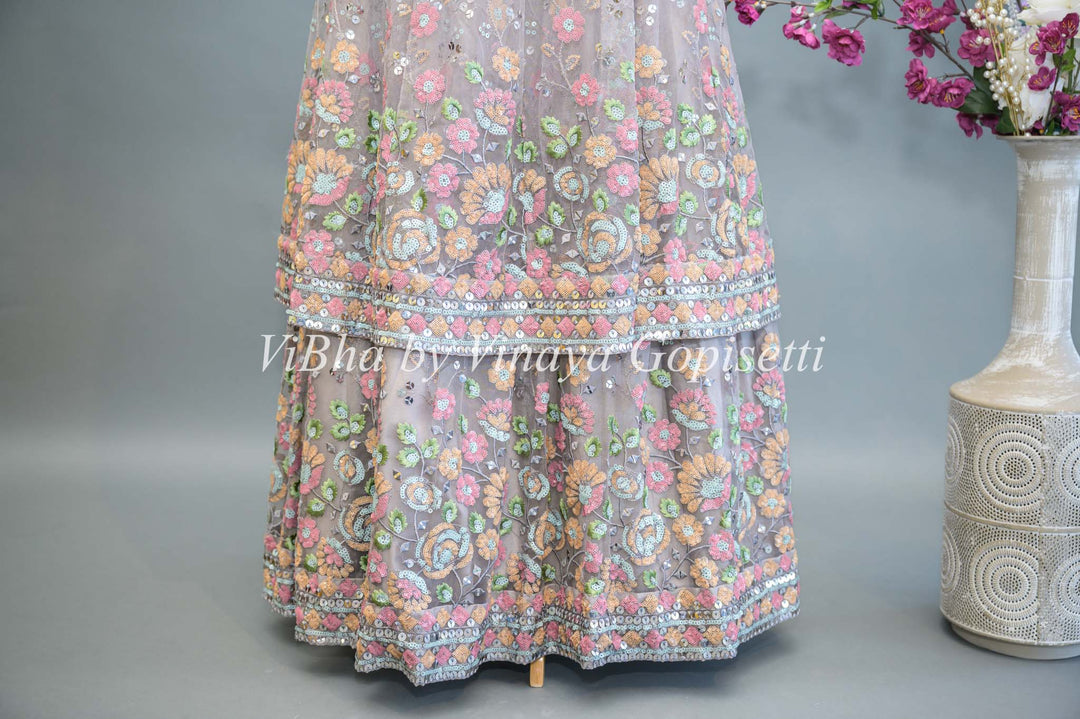 Mauve Net Hand Embroidered Jacket Style Lehenga And Dupatta