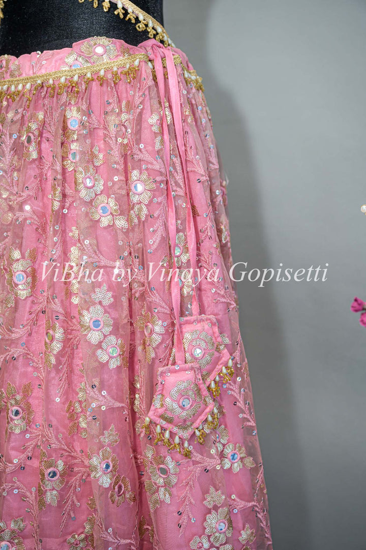 Pink Net Embroidered Lehenga With Cape Dupatta