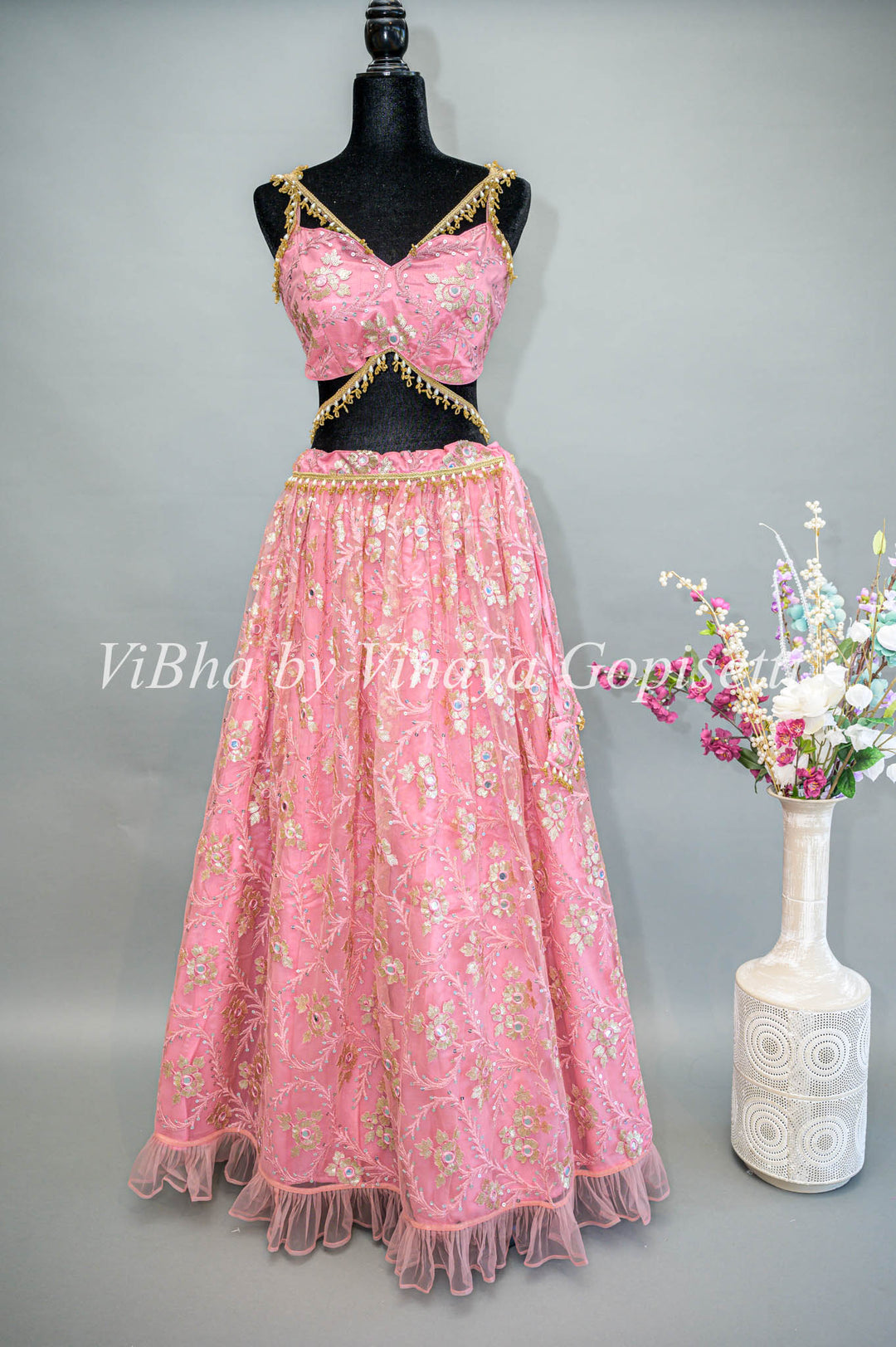 Pink Net Embroidered Lehenga With Cape Dupatta