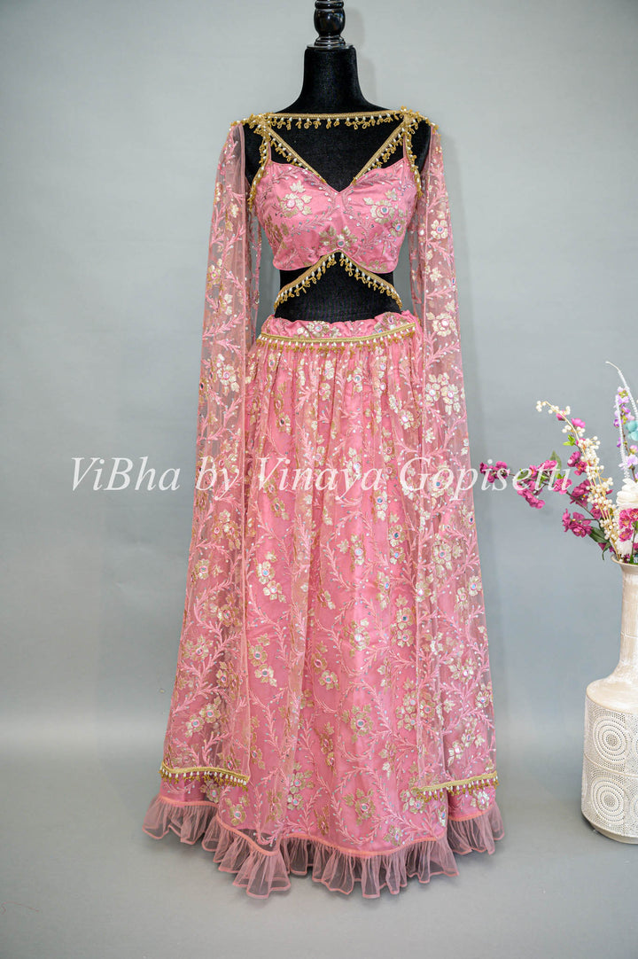 Pink Net Embroidered Lehenga With Cape Dupatta