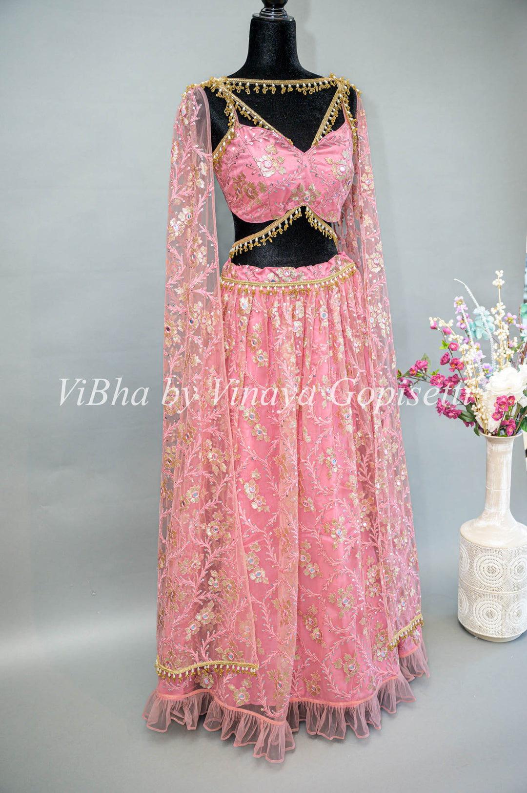 Pink Net Embroidered Lehenga With Cape Dupatta