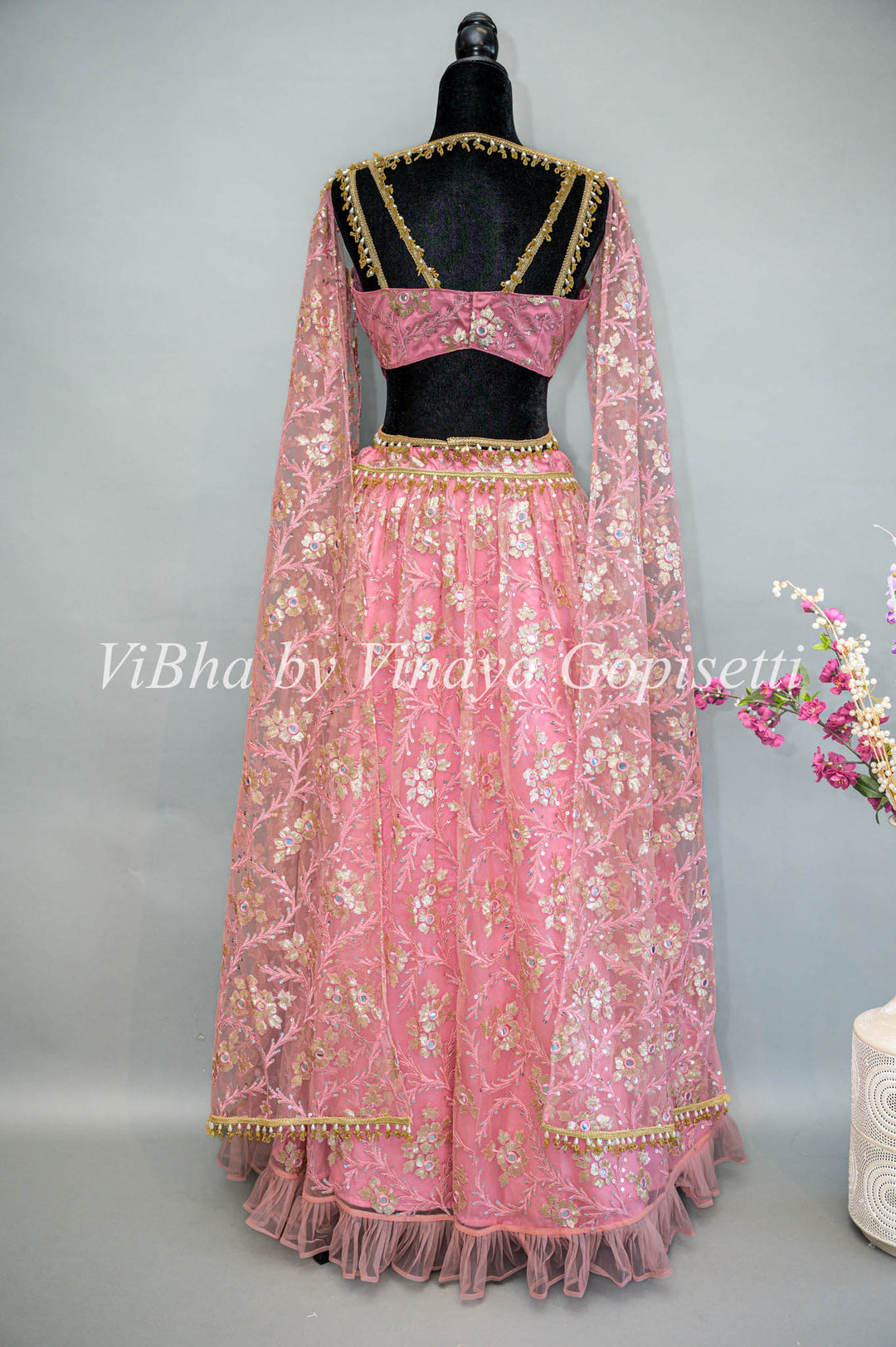 Pink Net Embroidered Lehenga With Cape Dupatta